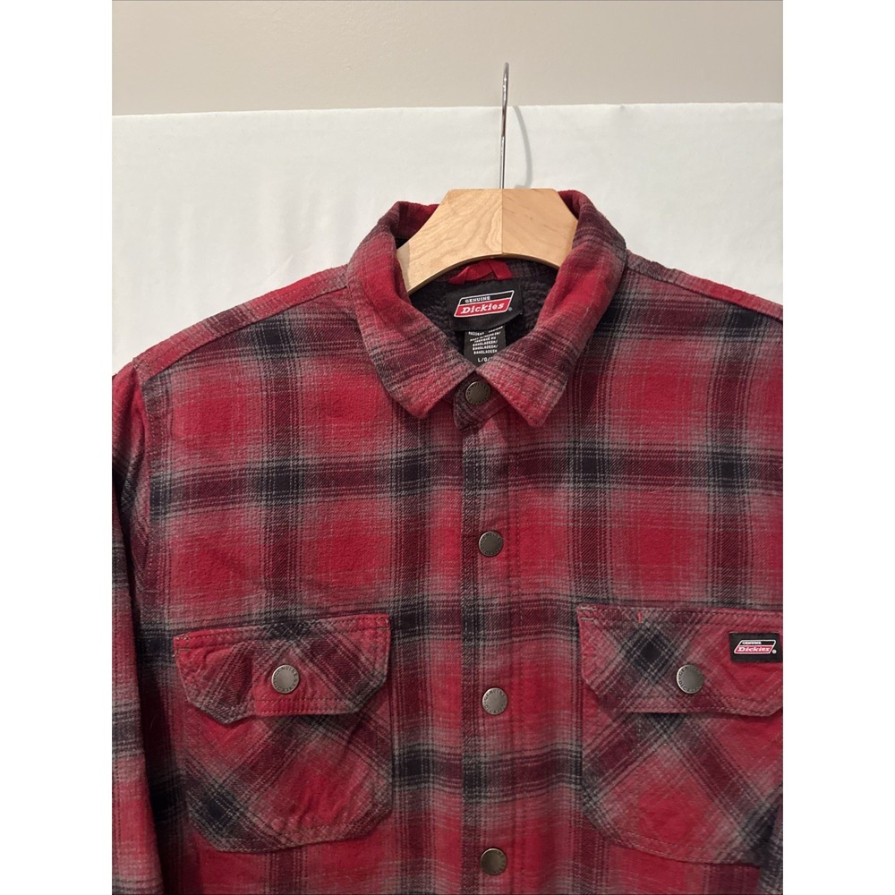 Dickies Mens LG Sherpa Fleece Lined Flannel Shacket Jacket Red Plaid